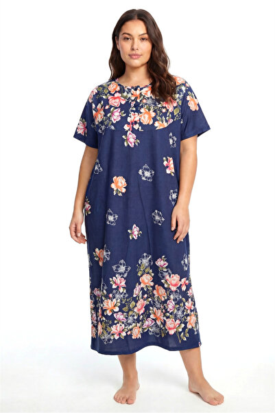 modaserdem Mdsrdm Large Size Floral Print Short Sleeve Mother's Nightgown Nav...