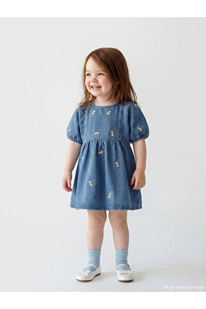 LC Waikiki Nevavm Oval Collar Floral Baby Girl Jean Dress with Difference
