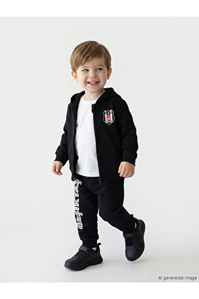 LC Waikiki Siyah Beşiktaş Baskılı Erkek Bebek Kapüşonlu Sweatshirt ve Eşofman...