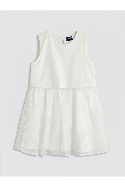 LC Waikiki Λευκό φόρεμα για κορίτσια με λαιμόκοψη ποδηλάτου και λεπτομέρειες ...