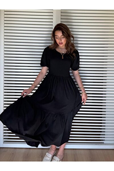 MODA ZERAFİNA Kadın Kısa Kollu Yakası Açık Katlı Bürümcük Balon Elbise