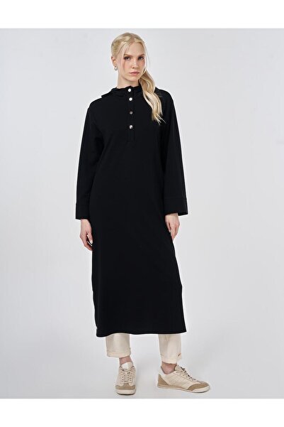 Kayra Μακρύ τουνίκ με λεπτομέρεια στην κουκούλα Μοντάλ Μαύρο