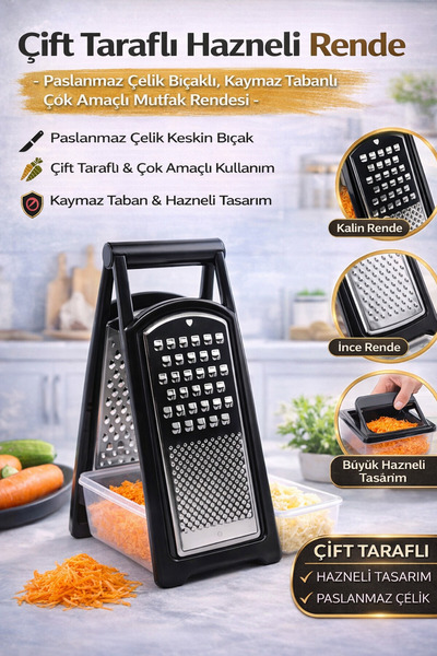 Hane Dostu Çift Taraflı Hazneli Rende – Paslanmaz Çelik Bıçaklı, Kaymaz Taban...
