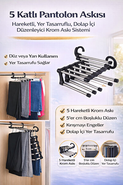 Hane Dostu 5 Katlı Pantolon Askısı – Hareketli, Yer Tasarruflu, Dolap İçi Düz...