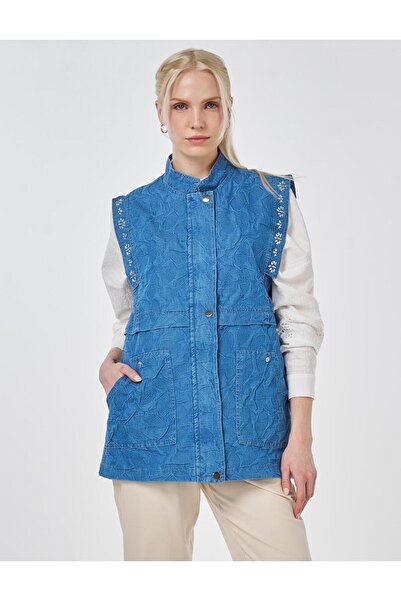 Kayra Hotfix Baskılı Kabartma Desen Yelek İndigo