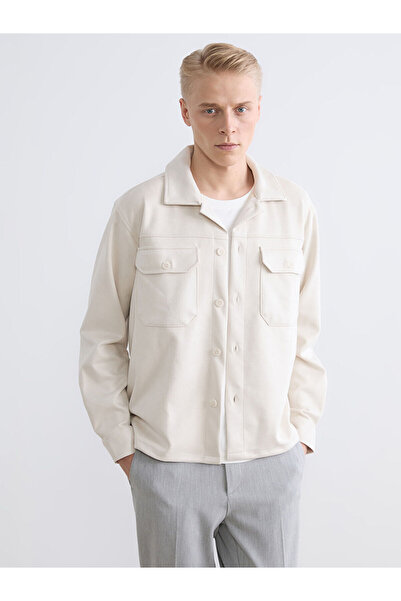 LC Waikiki Συλλογή Nevaa Μπεζ Ανδρικό Πουκάμισο-Μπουφάν Κανονικής Εφαρμογής