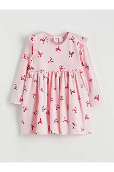 LC Waikiki فستان بناتي من مجموعة إلسيفا بتفاصيل كشكشة وطبعة شريط وردي