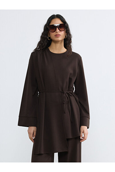 LC Waikiki Nevavm with a Difference, Lcw Modest Brown Oval Neck Belted Gather...