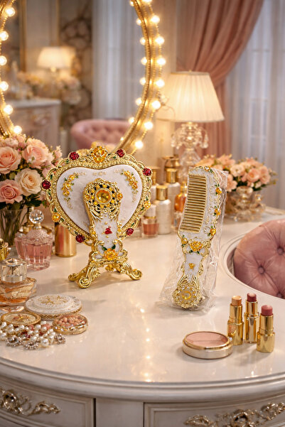 özgürce Büyük Boy Ayna ve Tarak Seti, Taşlı Gold İşlemeli Vintage Tasarım