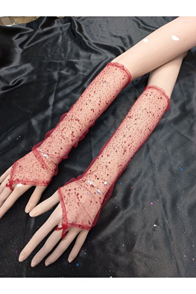 Qrsln قفازات فيسبيرا اللامعة المزينة بالترتر باللون الأحمر
