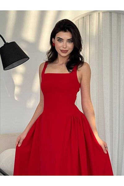 Mostpera Askılı Kare Yaka Heldi Piliseli Midi Atlas Elbise