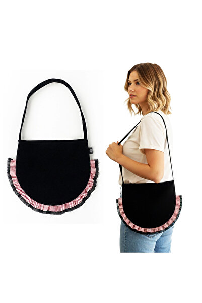 woodycord Negru lucrat manual catifea Oval cu volane geantă de umăr