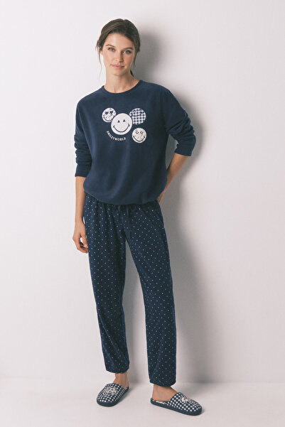 Perspective Navy Blue Patterned Fleece Pajama Set