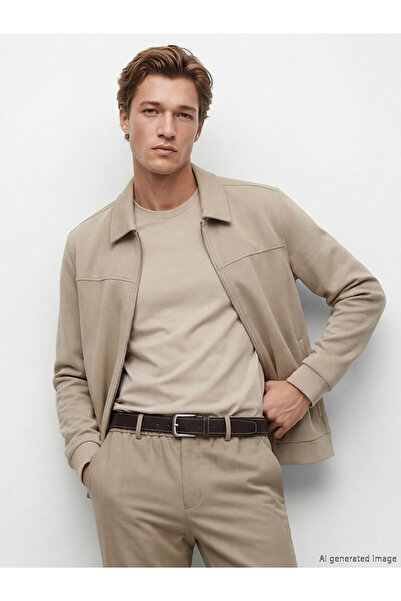 LC Waikiki حزام رجالي من مجموعة إلسيفا ذو مظهر جلدي بني مع خياطة زخرفية