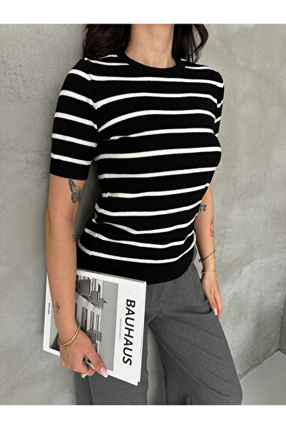 LA POMME Premium Yarn Soft Textured Striped Basic Crew Neck Knitwear Sweater ...