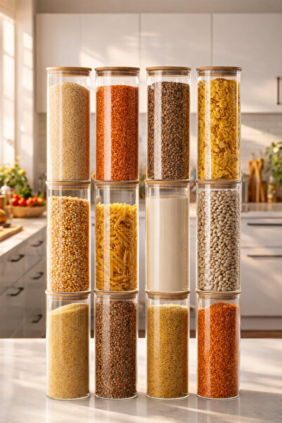 Porsima 418 12-Piece Round 1750 ml Bamboo Vacuum Lid Glass Jar Set Storage Co...