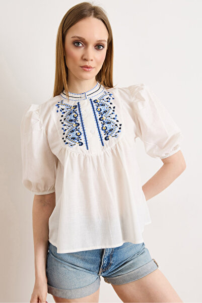 Olalook Women's White Blue Crew Neck Buttoned Boho Embroidered Blouse Blz-190...