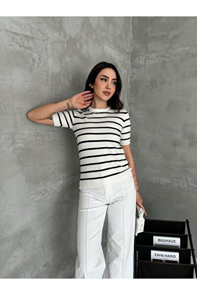 LA POMME Premium Yarn Soft Textured Striped Basic Crew Neck Knitwear Sweater ...