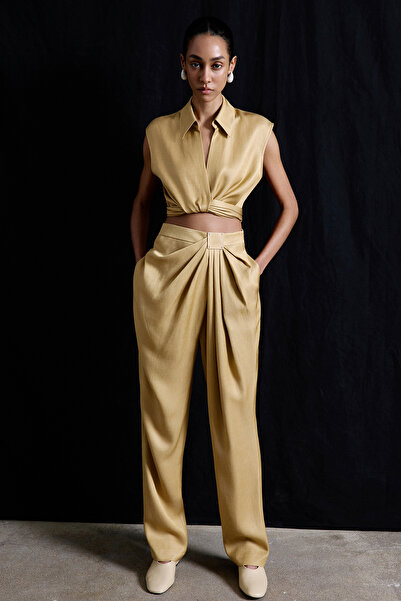 rue Ön Pileli Keten Karışımlı Camel Pantolon