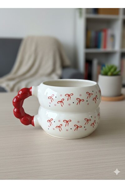PALTO TASARIM Handmade Cream Glossy Harmony Mug with Ribbon Design - Handcraf...