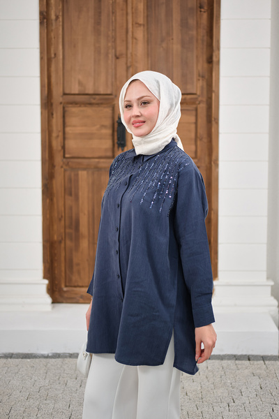 LOCCO Дамска риза с бродерия от нанизани мъниста, тъмносиня