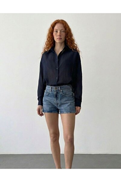 TRİNİTY Women's Striped Oversize Shirt - Navy Blue