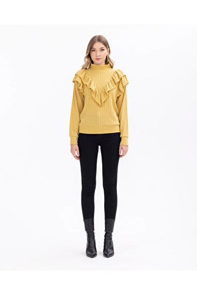 SEÇİL TRİKO GÖRÜNÜMLÜ BALIKÇI YAKA VOLANLI BLUZ-OLİVE