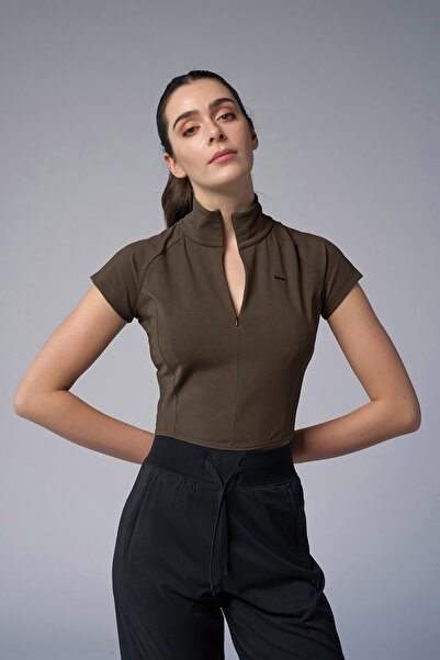 bilcee Ženski smeđi bodi za surfovanje sa kratkim rukavima i ovratnikom 4059