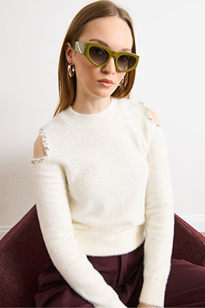 Olalook Women's Ecru Shoulder Stone Detailed Soft Beard Knitwear Blouse Blz-1...