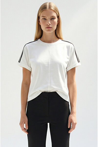 Allyco Crew Neck Regular Knitted White T-Shirt with Stripe Detail on the Shou...