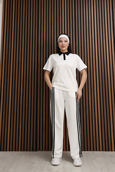 bobitex Polo Collar Button Detailed Striped Wide Leg Modal Fabric Tracksuit Set