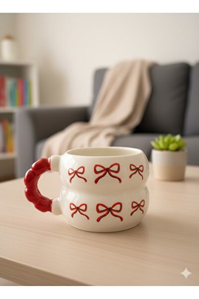 PALTO TASARIM Handmade Cream Glossy Harmony Mug with Red Ribbon Design - Hand...