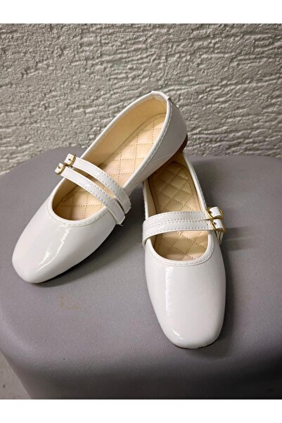 Beyond Women's White Double-Strapped Buckle Patent Leather Mary Jane Ballerin...