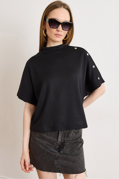 Olalook Women's Black Button Detailed Loose Fit Modal Button T-Shirt Tsh-1900...