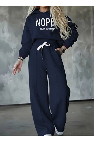 JANES Women's Long Sleeve Nope Printed Ribbed Waist Hooded Trend Double Suit