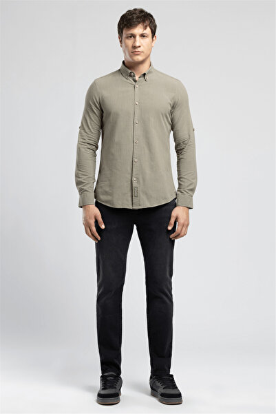 Lee Cooper Darell Men's Slim 100% Cotton Classic Collar Shirt Khaki