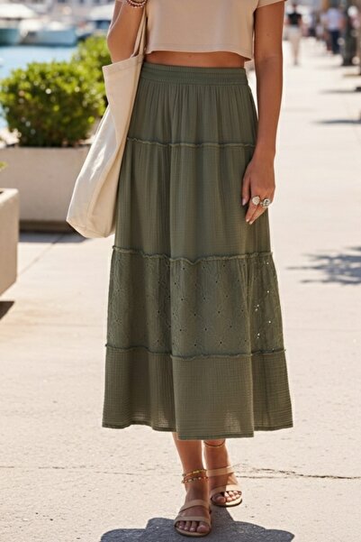 Chiccy Khaki Skirt with Ruffles and Embroidery, Elastic Waist, Casual Muslin ...