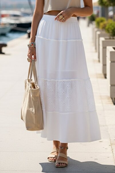 Chiccy White Skirt with Ruffles and Embroidery, Elastic Waist, Casual Muslin ...