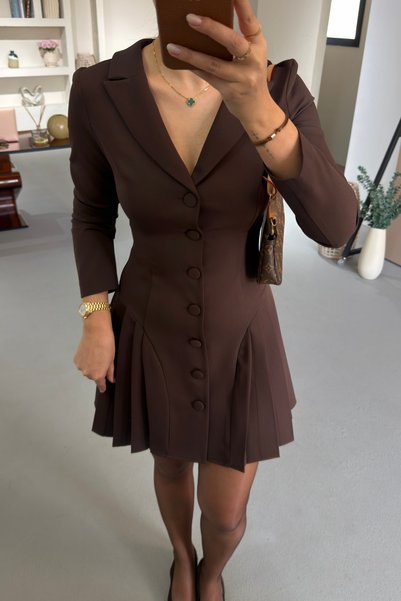Sezgi Tekin Double-Breasted Collar Pleated Brown Dress