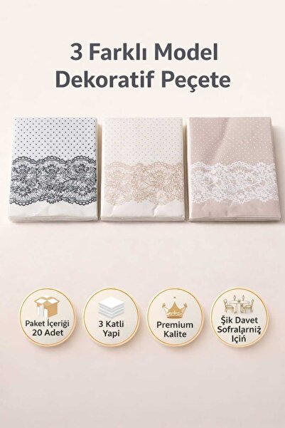 CKM silikon 3 Paket Vintage Dantel Desenli Peçete 20 Adet – 3 Katlı Premium