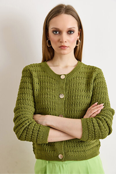 Olalook Women's Oil Green Gold Button Detailed Lace-Like Knit Thick Knitwear ...
