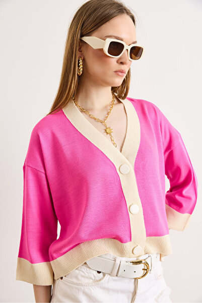 Olalook Women's Fuchsia Color Block Bone Buttoned Seasonal Cardigan Hrk-19000481
