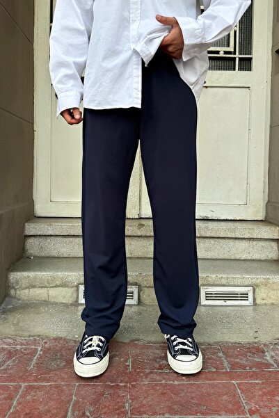 Flaw Wear Comfortable Cut Trousers with Elastic Waist Navy Blue