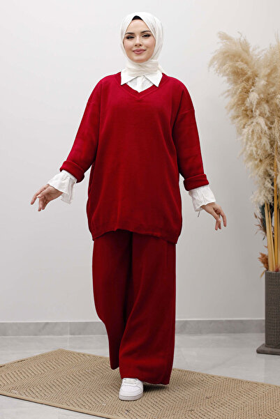 Tesettür Dünyası V-Neck Knitwear Set Tsd260117 Red