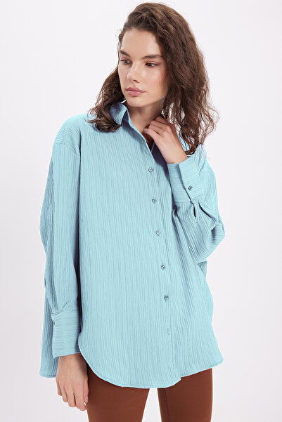 Tudors Women's Oversize Wide Cut Wrinkled Detail Long Sleeve Textured Turquoi...