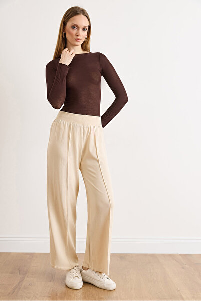 Olalook Women's Ecru Knitwear Trousers with Front Stitching Detail and Pleate...