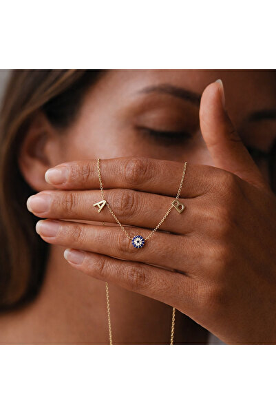 Soleildor 925 ayar Orijinal Gümüş Kişiye Özel Nazar Boncuklu iki Harf Gümüş K...