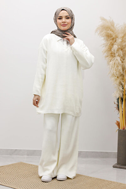 Tesettür Dünyası V-Neck Knitwear Set Tsd260117 White