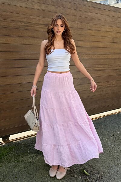 BEJNA Women's Pink Cotton Maxi Lined Muslin Skirt