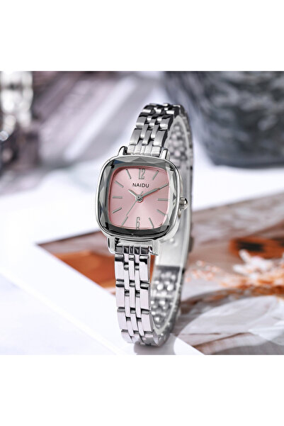 NAIDU Ladies Fashion Watch Cushion Case Pink Dial Silver Strap Minimalist Tim...
